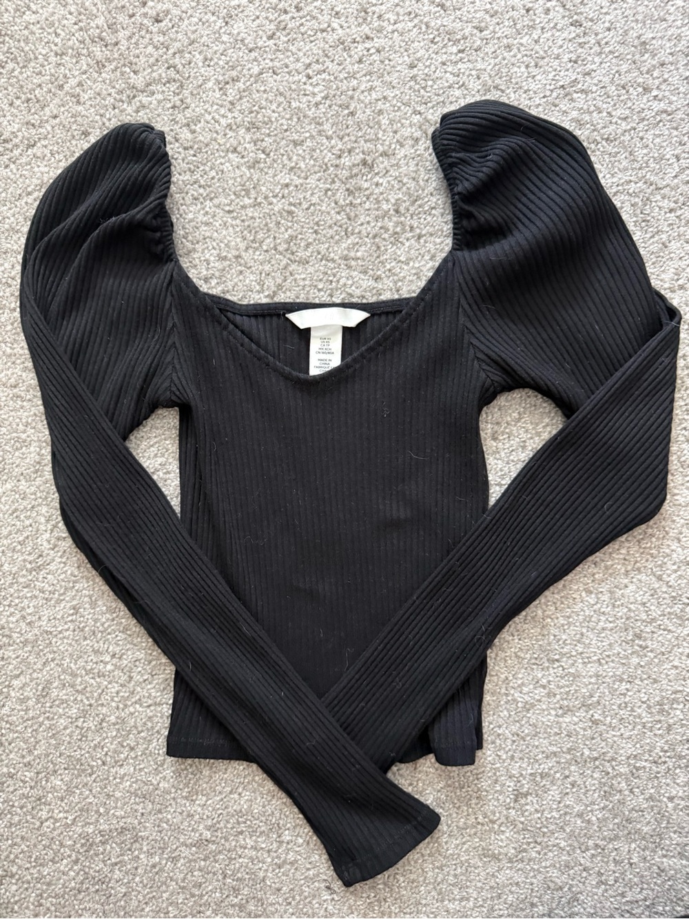 H&M Black Ribbed Puff-Sleeve Long-Sleeve Top